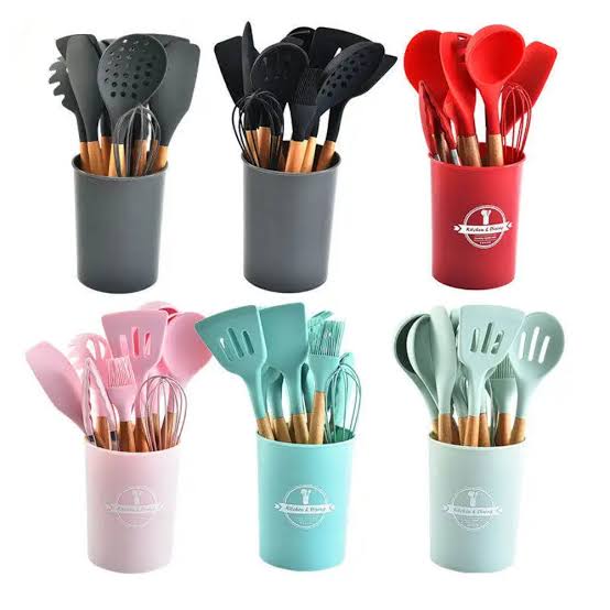 12-Piece Silicone Kitchen Utensil Set – Wooden Handles + Storage Box