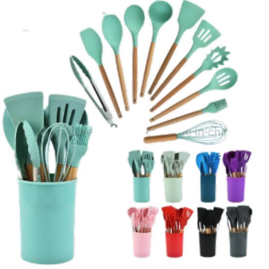 12-Piece Silicone Kitchen Utensil Set – Wooden Handles + Storage Box