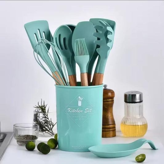 12-Piece Silicone Kitchen Utensil Set – Wooden Handles + Storage Box