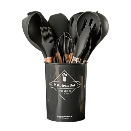 12-Piece Silicone Kitchen Utensil Set – Wooden Handles + Storage Box